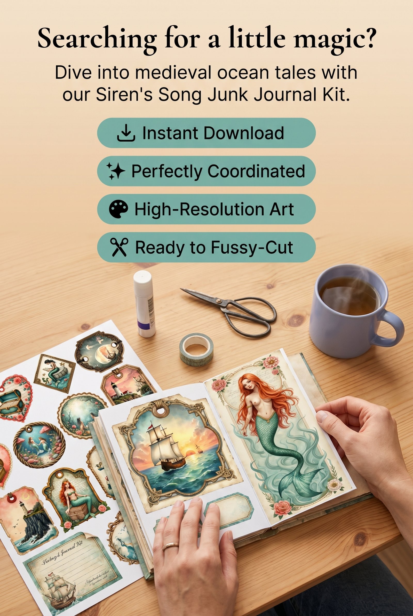 Hands creating a junk journal page with paper, tags and ephemera