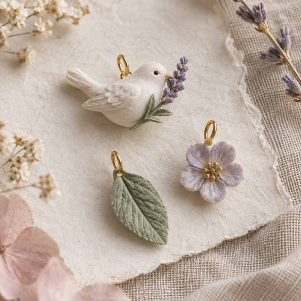 Handmade cold porcelain bird, leaf and flower charms with botanical details