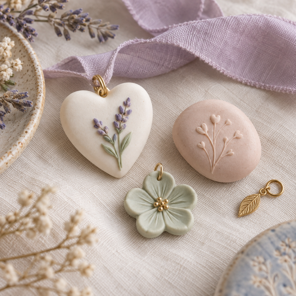 Handmade cold porcelain heart, flower and comfort token keepsakes