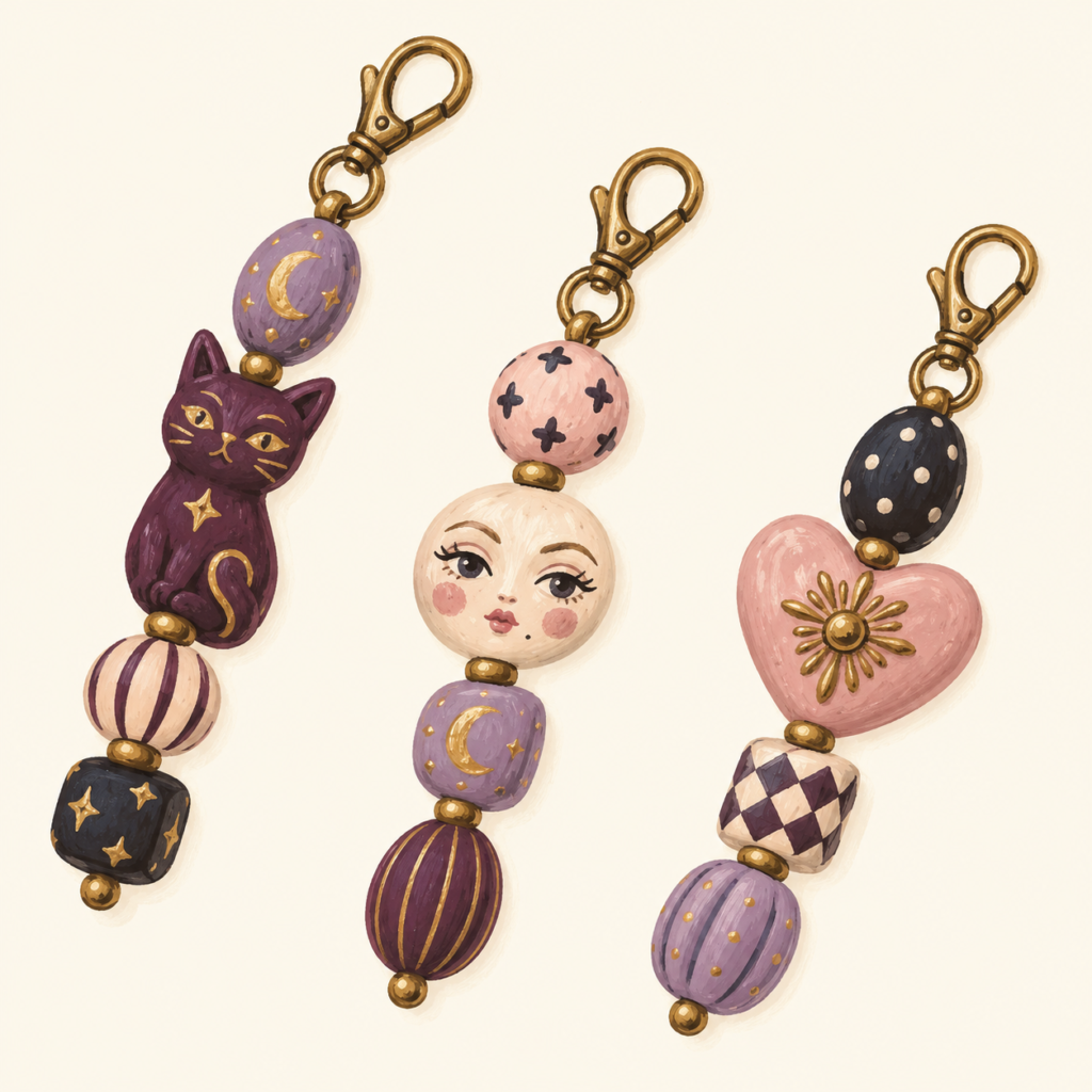 Illustrated collection preview of whimsical bead bag charms in plum, lavender, blush and gold