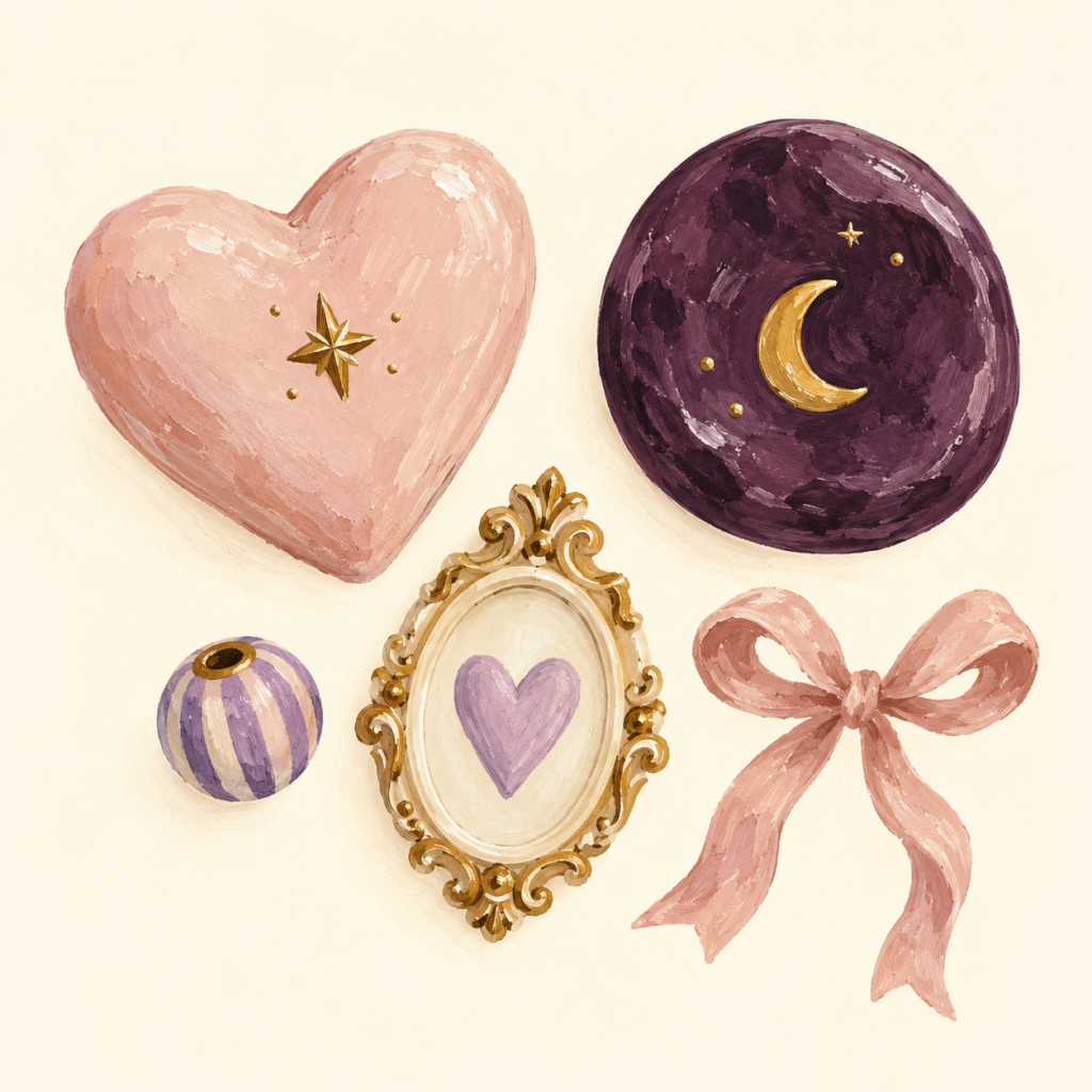 Illustrated collection preview: heart keepsake, moon worry stone and miniature decorative frame