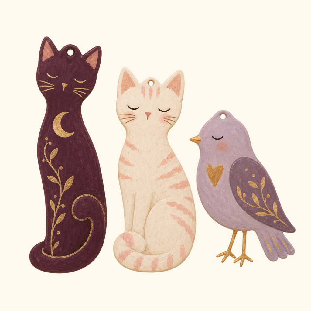 Illustrated collection preview: plum and cream cat charms with a lavender bird